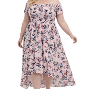 Torrid Pink Floral‎ Smocked Gauzy Off The Shoulder Dress 2X Cottagecore Romantic